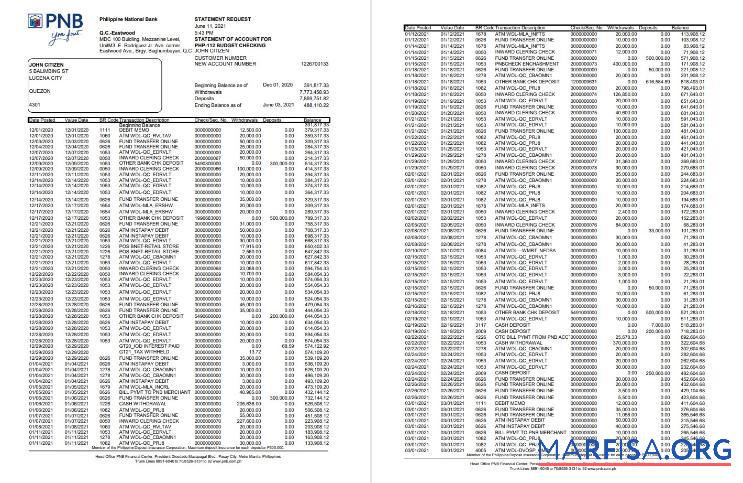 Printable Philippines PNB 4 pages bank statement excel example